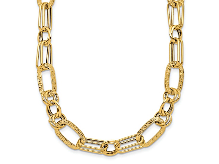 14k Yellow Gold Polished and Textured Fancy Greek Key Link 18 Inch Necklace