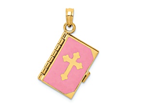 14K Yellow Gold 3D Pink Enameled Lord's Prayer Bible Pendant