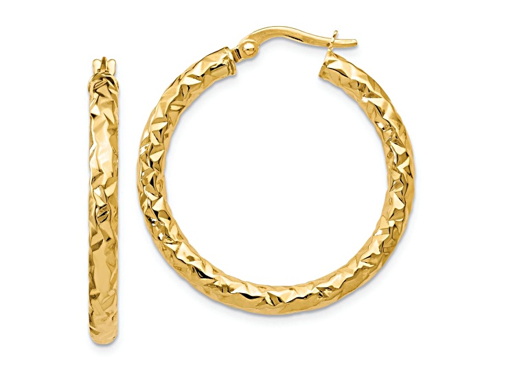 14k Yellow Gold 1 3/16 inch Polished and Textured Hoop Earrings