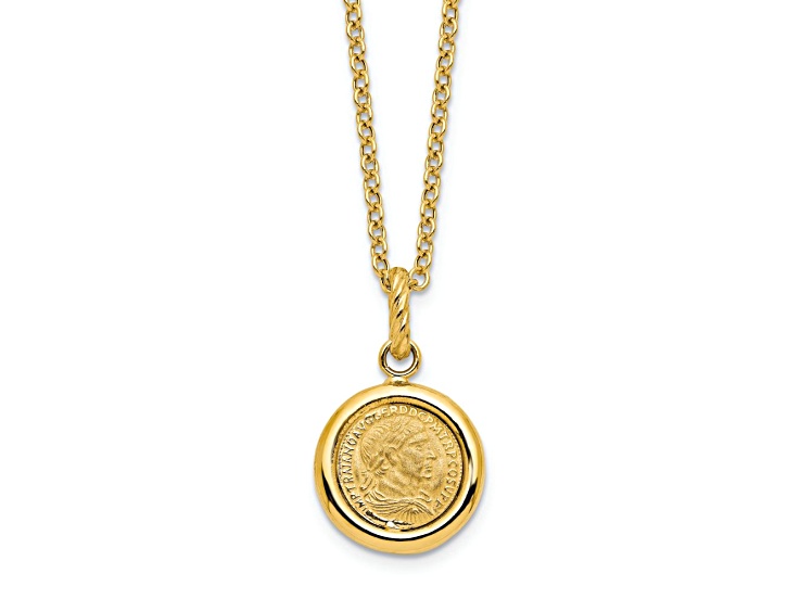 14K Yellow Gold Polished and Matte Reversible Coin Pendant with 18 Inch Cable Chain