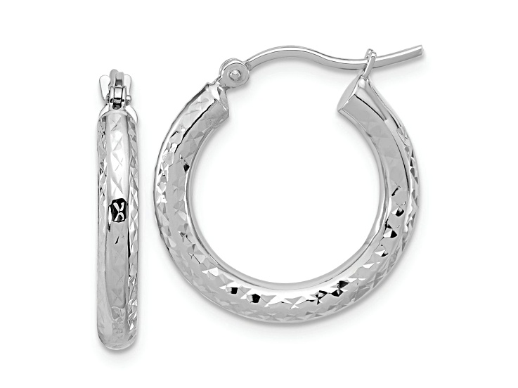 Rhodium Over 14k White Gold 13/16 inch Diamond-Cut Round Hoop Earrings