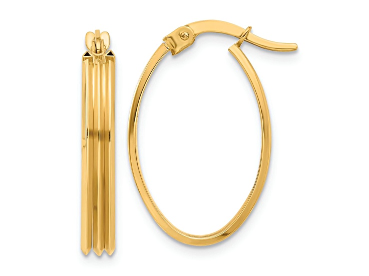 10k Yellow Gold 15/16 inch Polished and Grooved Oval Hoop Earrings