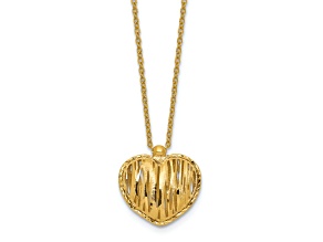 14K Yellow Gold Polished Diamond-Cut Puffed Heart Pendant with 16 Inch Cable Chain