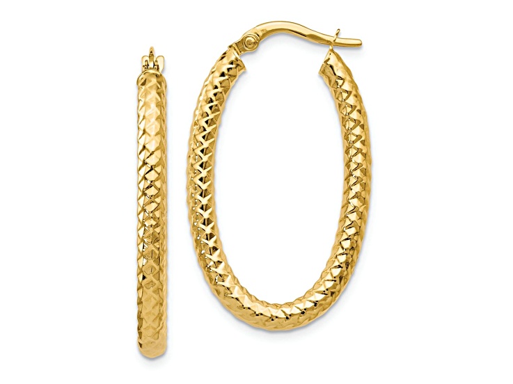 10k Yellow Gold 1 1/4 inch Polished and Textured Oval Hoop Earrings
