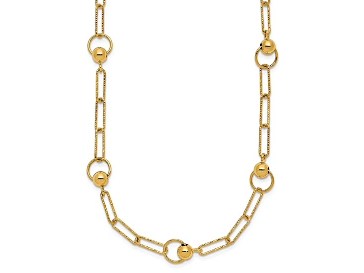 14K Yellow Gold Polished and Diamond-cut Circle Station Paperclip Necklace