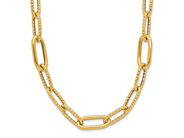14k Yellow Gold 8.3mm Polished and Textured Fancy Paperclip Link 18 Inch Chain