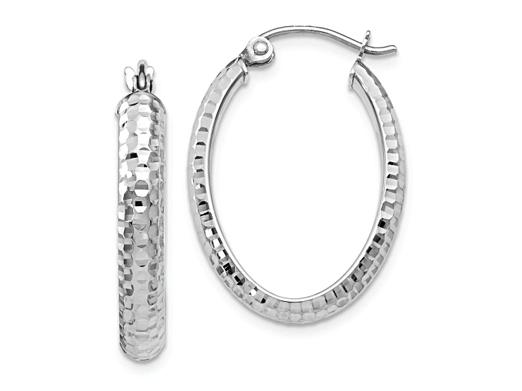 Rhodium Over 10k White Gold 7/8 inch Diamond-Cut Oval Hinged Hoop Earrings