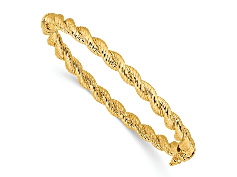 14K Yellow Gold Polished and Textured Twisted Hinged Bangle