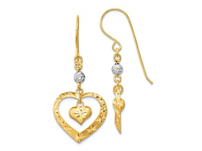 14k Two-tone Satin, Textured and Diamond-Cut Heart Dangle Earrings