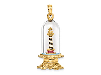 Picture of 14k Yellow Gold Enameled 3D Lighthouse In Glass Dome Charm