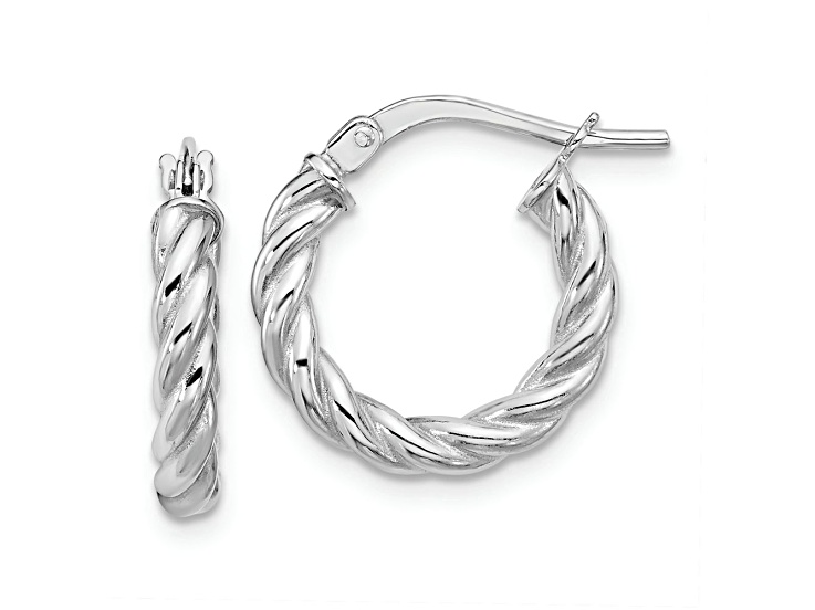 Rhodium Over 14K White Gold 9/16 inch Polished and Twisted Round Hoop Earrings