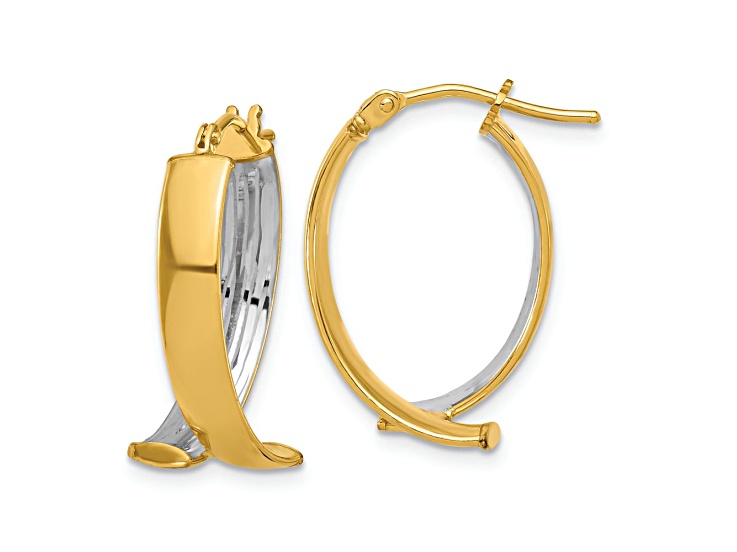 10K Two-tone Gold 7/8 inch Polished Textured Fancy Hoop Earrings