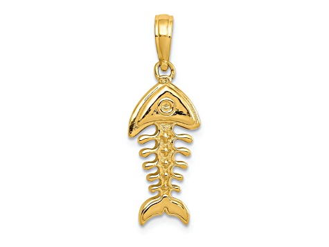 14k Yellow Gold 3D Polished and Textured Fish Bone Pendant