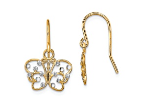 14k Yellow Gold and Rhodium Over 14k Yellow Gold Diamond-Cut Butterfly Dangle Earrings