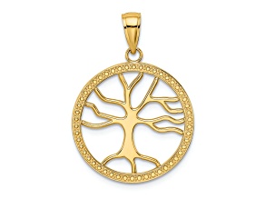 10K Yellow Gold Textured Large Tree Of Life In Round Frame Charm