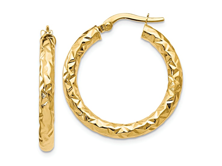14k Yellow Gold 1 inch Polished and Textured Hoop Earrings