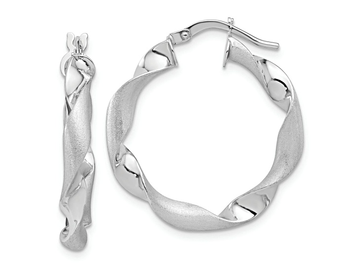 Rhodium Over 14k White Gold 1 1/16 inch Polished and Brushed Twisted Hoop Earrings