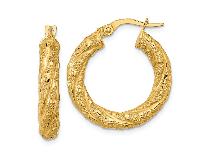 14k Yellow Gold 15/16 inch Polished and Textured Twisted Tube Hoop Earrings