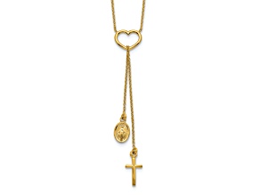 14K Yellow Gold Polished Heart with Dangle Cross and Religious Medal Necklace