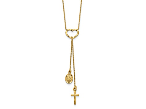 14K Yellow Gold Polished Heart with Dangle Cross and Religious Medal Necklace