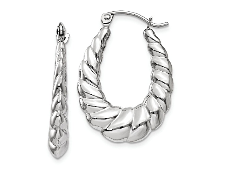 Rhodium Over 14k White Gold Polished and Textured 15/16" Oval Hoop Earrings
