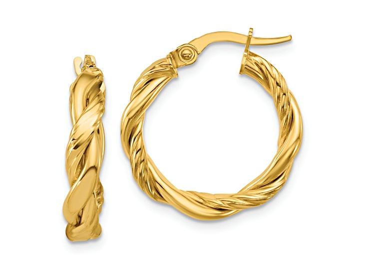 14k Yellow Gold 13/16 inch Polished and Twisted Round Hoop Earrings