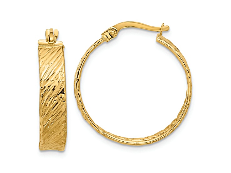14k Yellow Gold 15/16 inch Polished and Textured Round Hoop Earrings