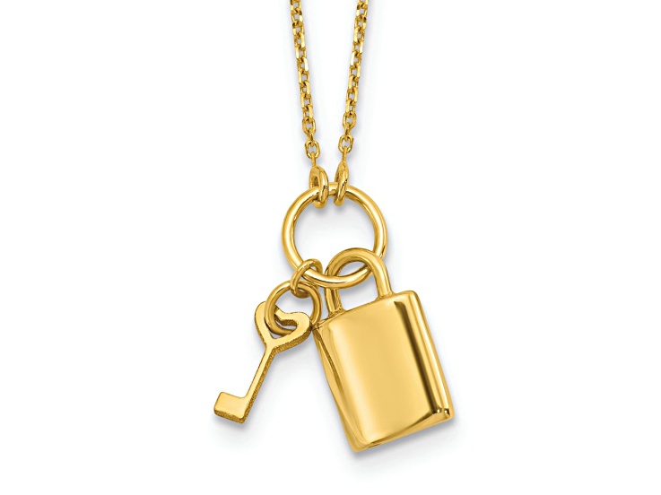 14k Yellow Gold Polished Lock and Key Pendant Cable Link 16 Inch Necklace