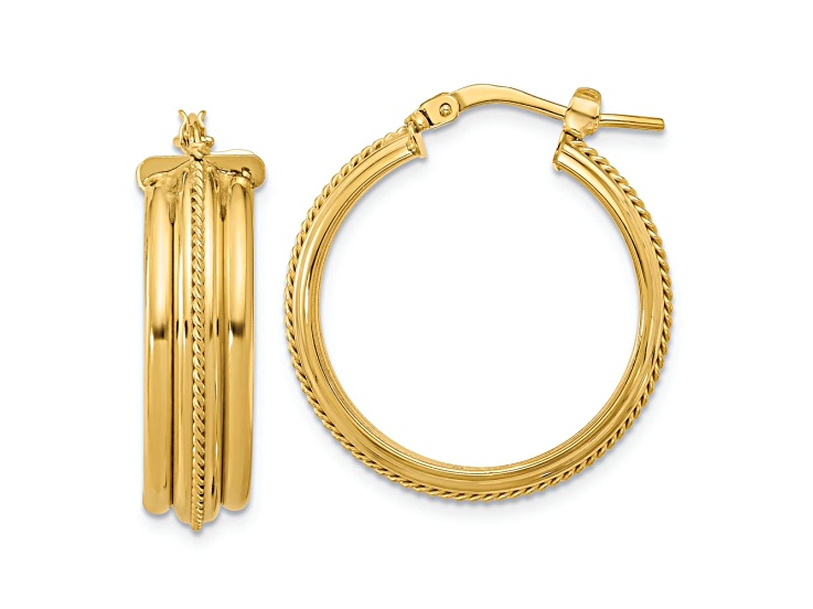 14k Yellow Gold 1 inch Polished and Textured Round Hoop Earrings