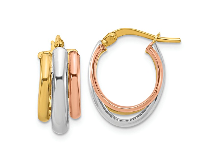 10K Tri-color Gold 11/16 inch Polished Three Row Oval Hoop Earrings