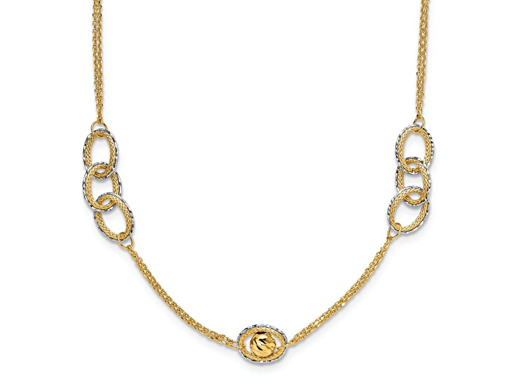 14k Yellow Gold and 14k White Gold Polished Textured Diamond-Cut Fancy Link 20 Inch Necklace
