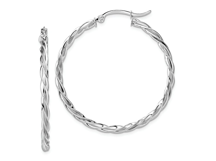 Rhodium Over 14k White Gold 1 9/16" Polished Twisted Hoop Earrings