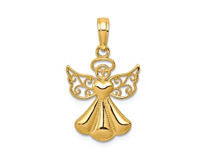 10K Yellow Gold Polished and Textured Filigree Guardian Angel with Heart Pendant