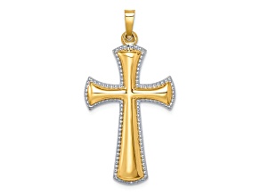 14k Yellow Gold and Rhodium Over 14k Yellow Gold Polished Beaded Edge Cross Pendant