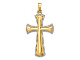 14k Yellow Gold and Rhodium Over 14k Yellow Gold Polished Beaded Edge Cross Pendant