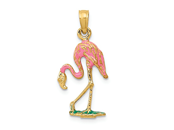 10K Yellow Gold 3D Pink and Green Enameled Flamingo Pendant