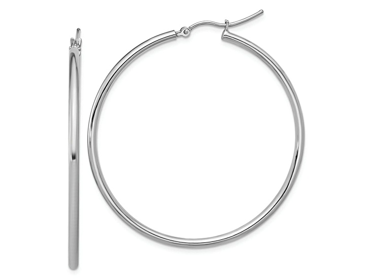 Rhodium Over 10k White Gold 1 7/8 inch Polished Hinged Hoop Earrings