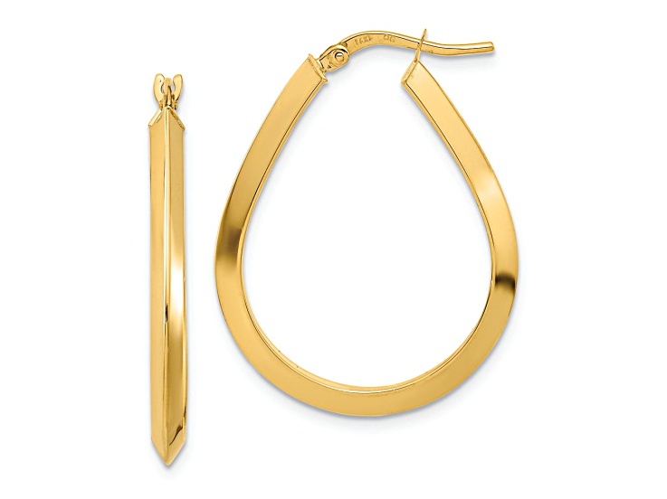 14k Yellow Gold Polished 1 1/16" Knife Edge Teardrop Shape Hoop Earrings