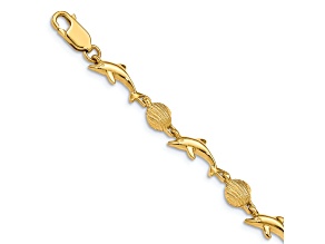 14k Yellow Gold Textured Dolphin and Shell Link Bracelet