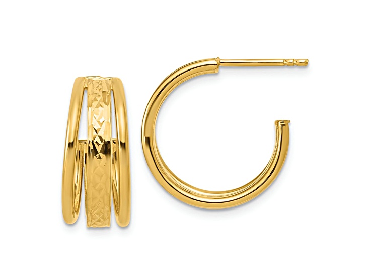14K Yellow Gold Polished and Diamond-cut 3-Row J-Hoop Post Earrings