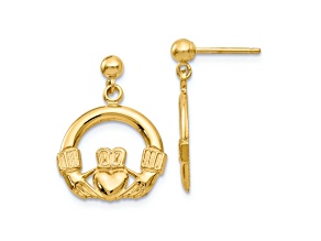 14k Yellow Gold Dangling Claddagh Earrings