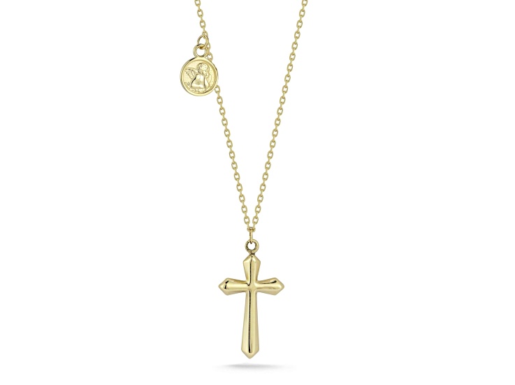 Bellissima Gold 14K Yellow Gold Cross Pendant with Cherub Charm Necklace