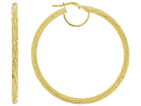 10K Yellow Gold 3x40MM Textured Tube Hoop Earrings