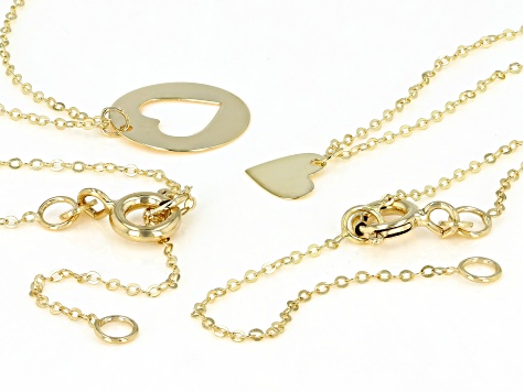 10K Yellow Gold Set of Two Plain and Cut-Out Heart Necklaces