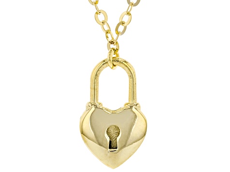 10K Yellow Gold Heart Lock Flat Rolo Necklace