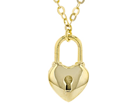10K Yellow Gold Heart Lock Flat Rolo Necklace