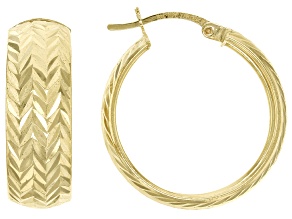 10K Yellow Gold 8x25MM Diamond-Cut Chevron Pattern Squared Tube Hoop Earrings