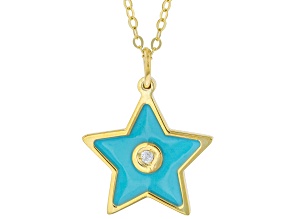 10K Yellow Gold Turquoise Color Enamel And Diamond Accent Star Necklace