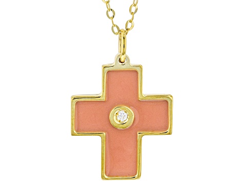 10K Yellow Gold Blush Color Enamel And Diamond Accent Cross Necklace