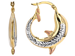 10k Yellow Gold, 10K Rose and Rhodium Over 10k White Gold Diamond-Cut Dolphin Earrings